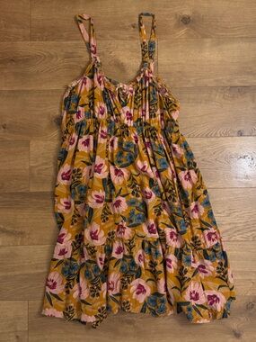 NATURAL LIFE Mustard Floral Midi Dress with Pink & Blue Blooms